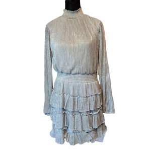 NWT 1 STATE Women's  Large Blouson Sleeve Smocked Waist 3-Tiered Mock Neck Dress